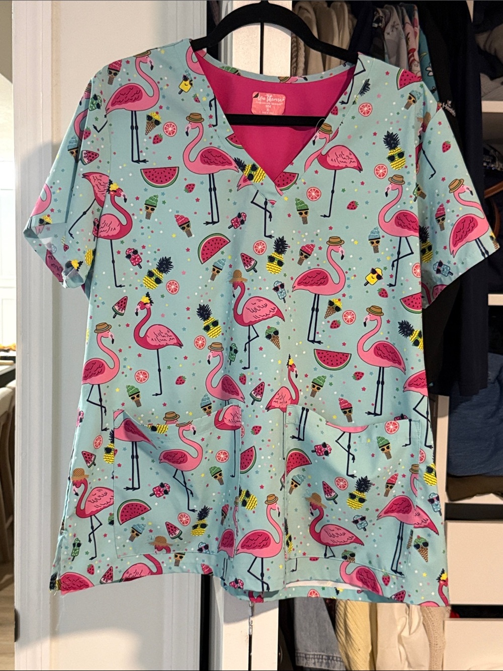 Ava Therese Floral Flamingo Scrub Top - Mint & Hot Pink